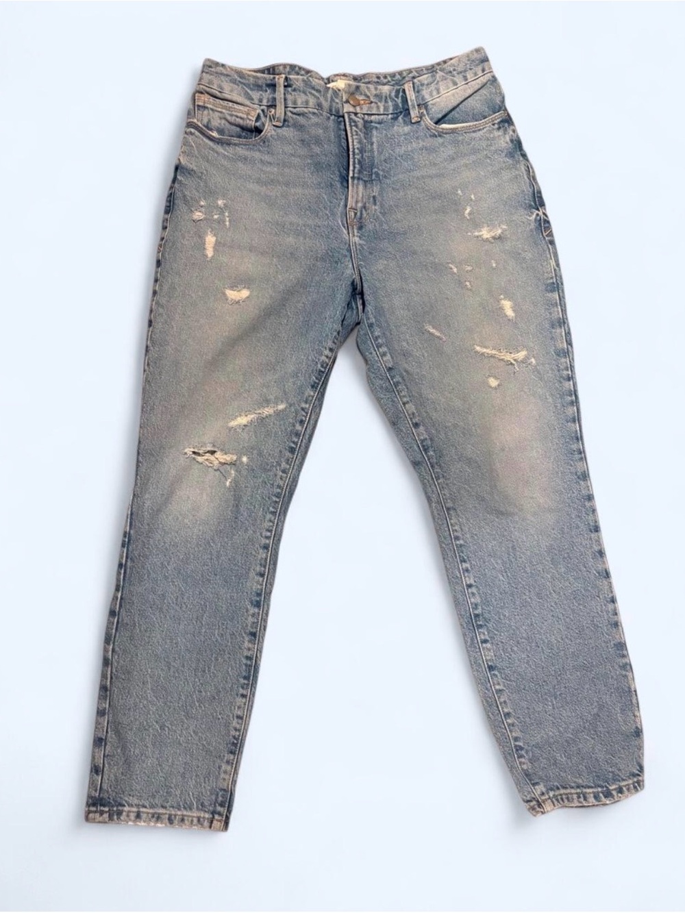 Good American Faded Blue Distressed Straight-Leg Jeans